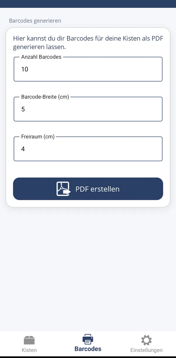 Barcode-Seite: Anzahl, Breite und Freiraum einstellen und PDF erstellen