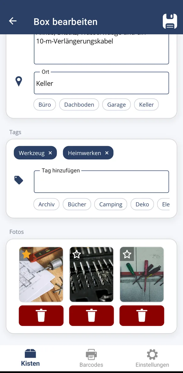 Bearbeitungsmaske mit Ort, Tags und drei Fotos