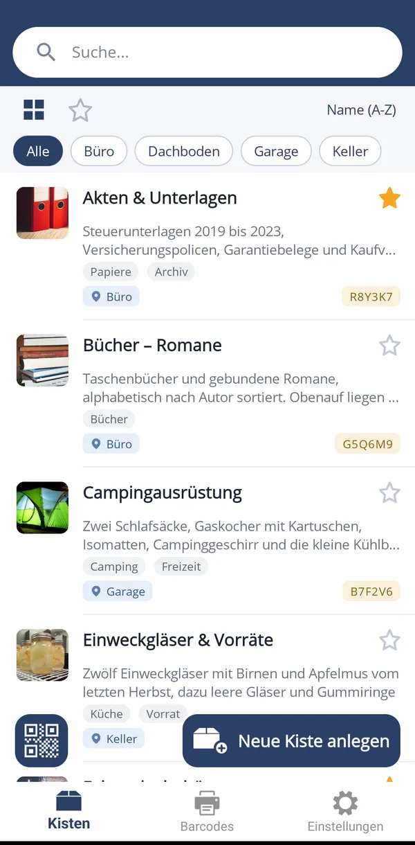 Kistenliste in KramTracker mit Fotos, Tags, Ort und Kisten-Nummer