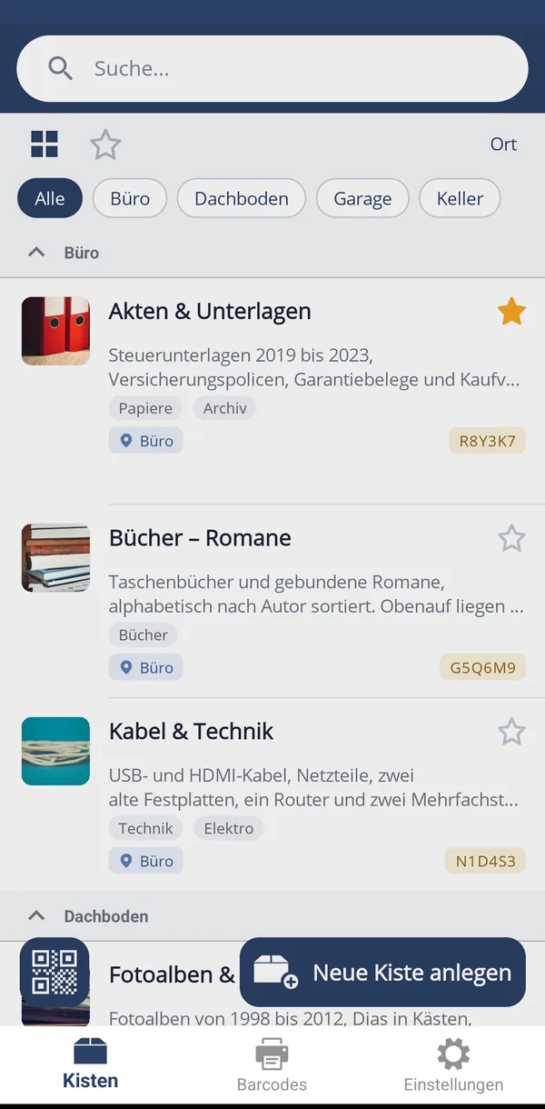 Kistenliste gruppiert nach Ort: Büro und Dachboden